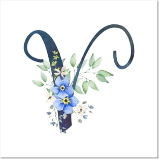 Floral Monogram V Wild Blue Flowers Posters and Art